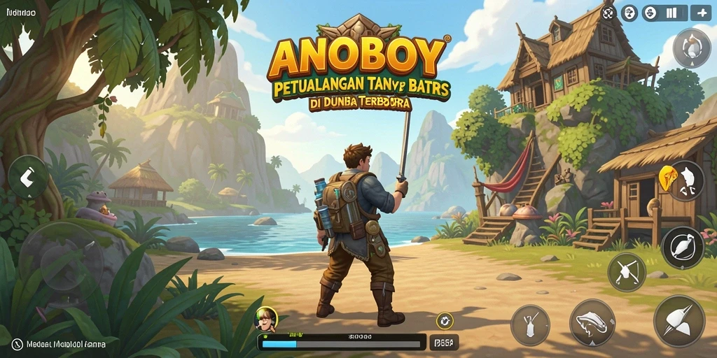 Screenshot gameplay ANOBOY memperlihatkan eksplorasi dunia yang luas.