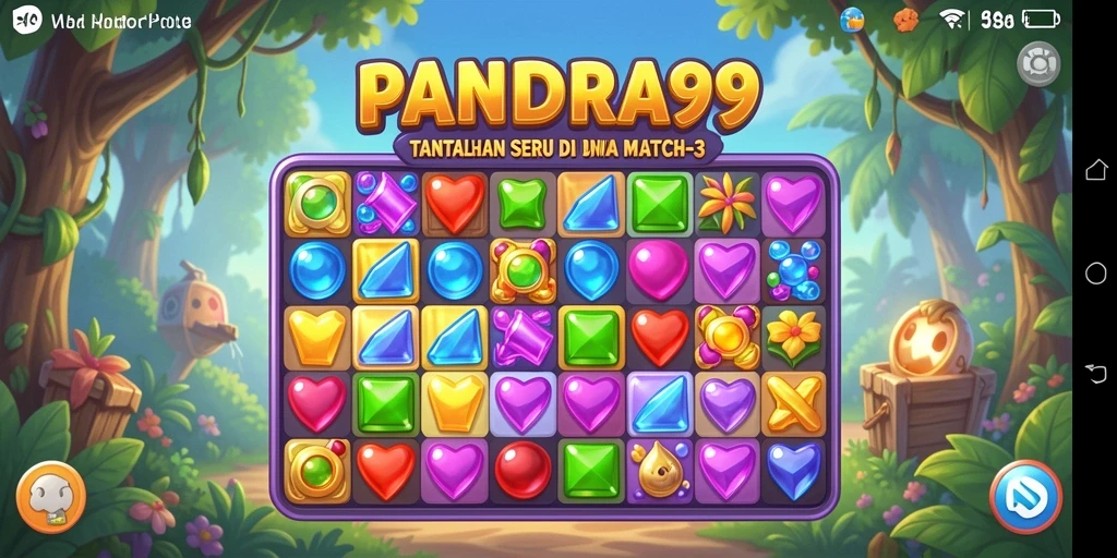 Screenshot gameplay PANDORA99 menampilkan kombinasi permata berwarna-warni.