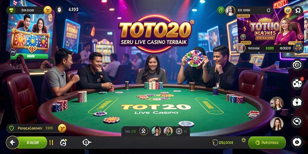 Screenshot utama TOTO20 menampilkan dealer langsung dalam suasana kasino yang mendebarkan.